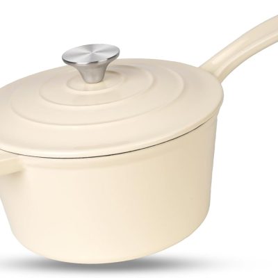 Cream-White Enameled Cast Iron Saucepan